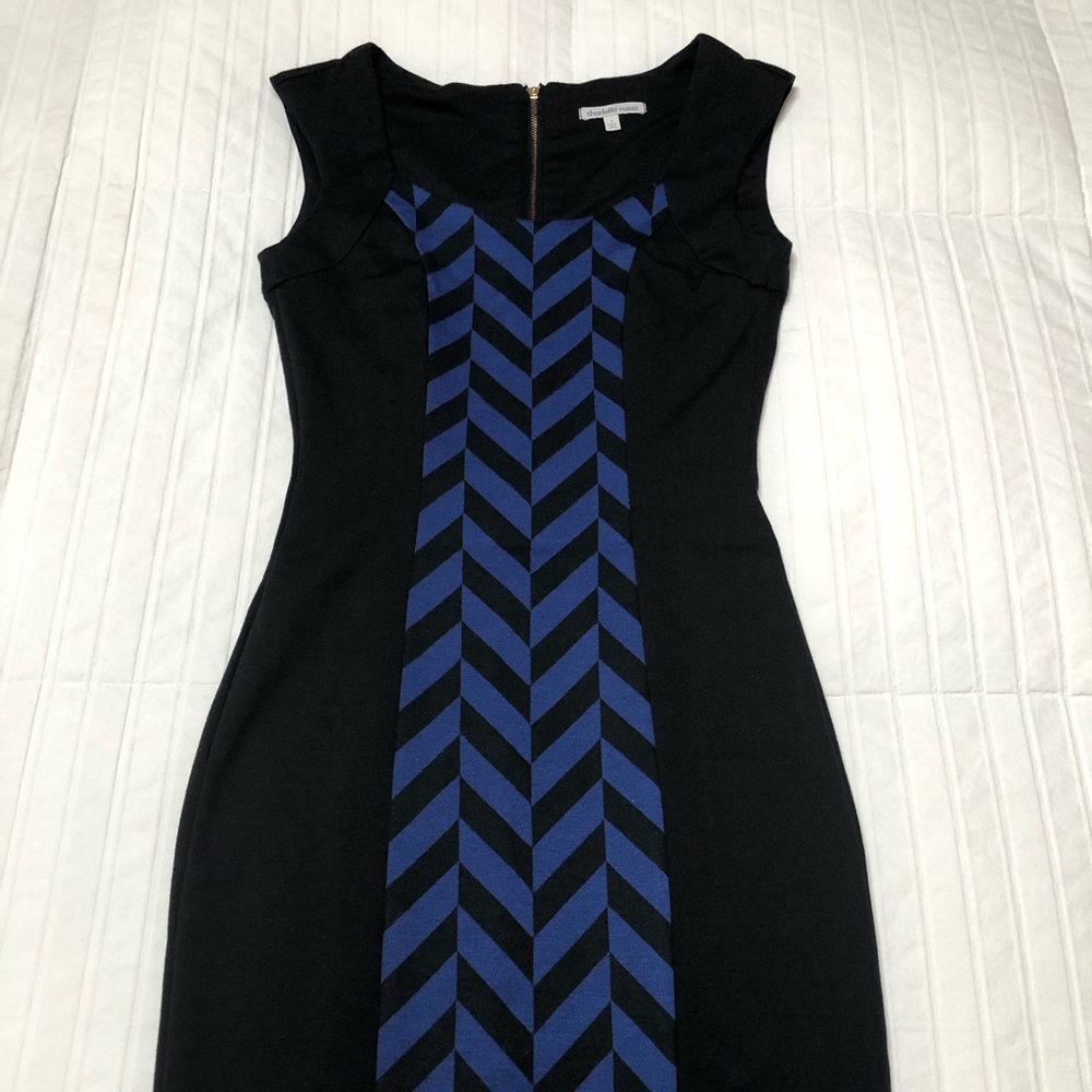 Black sleeveless dress with blue patterns